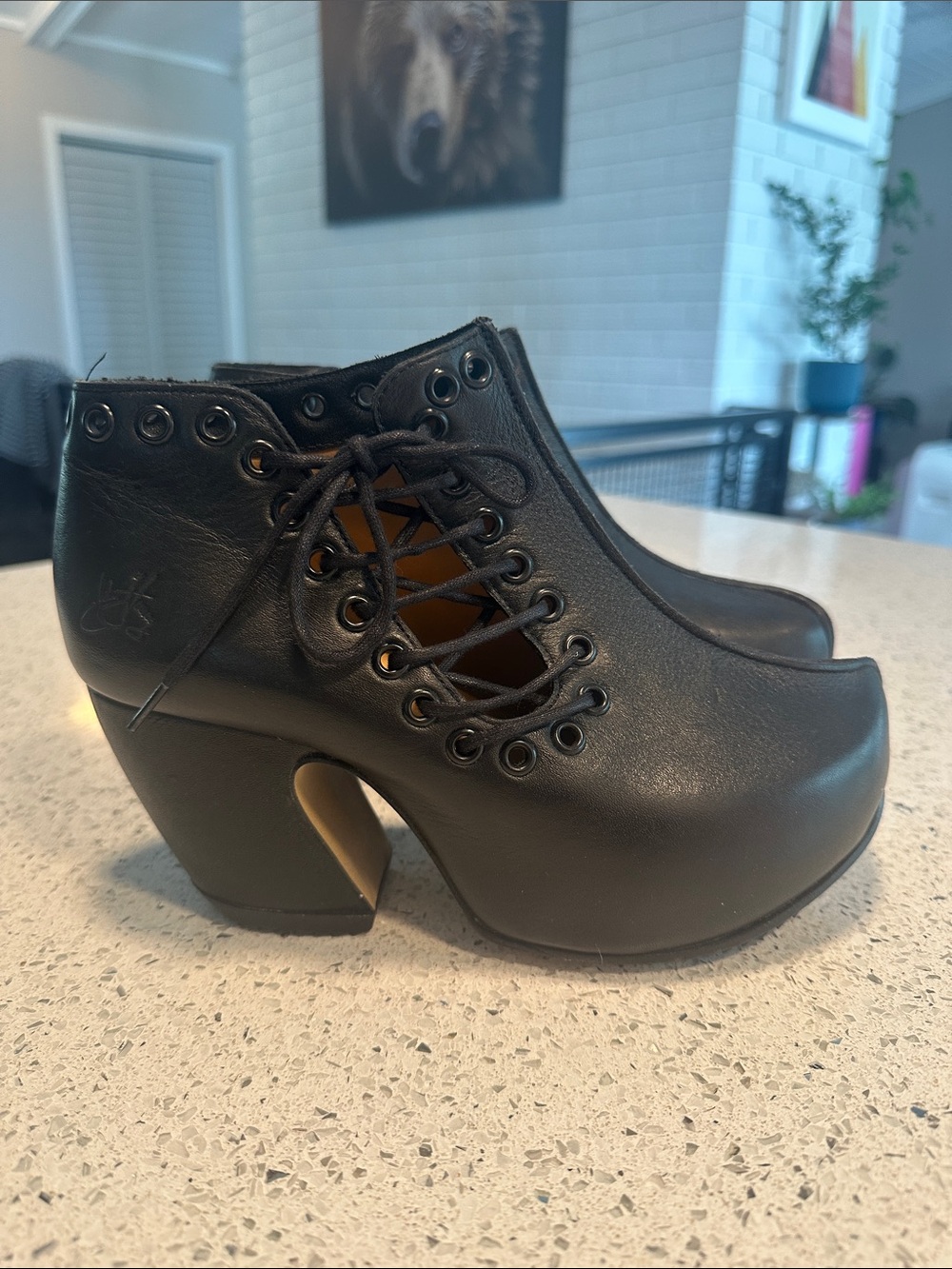 NEW Fluevog Vintage-Inspired Black Lace-Up Platform Booties